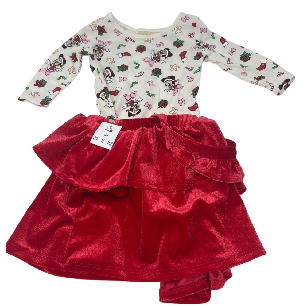 Disney Baby Minnie Mouse Christmas Bodysuit and Red Velvet Skirt Set 6-9M NEW
